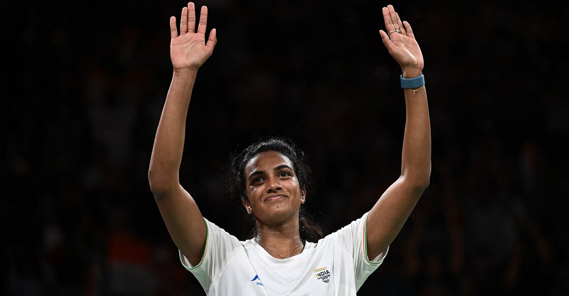 P V Sindhu celebrates he win over Michelle Li in the final. Photo: AFP/Ben Stansall