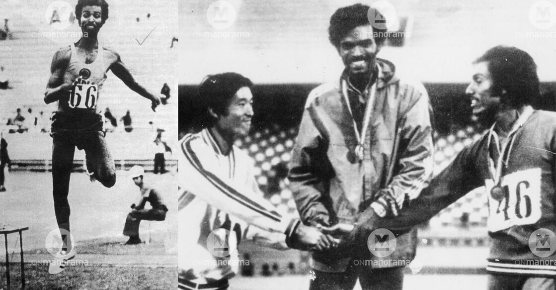 TC Yohannan's golden leap in the 1974 Tehran Asian Games (left). Yohannan (centre) on the podium with Japan's Takayoshi Kawagoe (left) and Satish Pillai. Photos: Manorama Archives