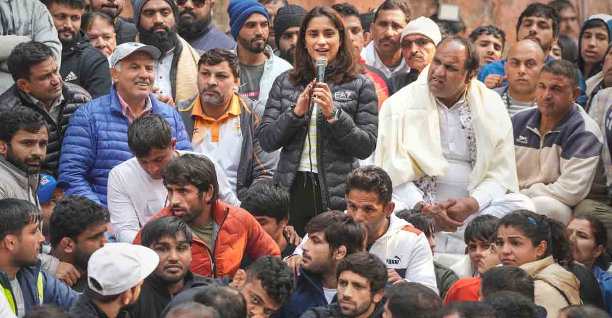 Wrestler Vinesh Phogat Wrestler Vinesh Phogat speaks during a 'dharna' to protest against the Wrestling Federation of India (WFI), at Jantar Mantar in New Delhi, Thursday, Jan. 19, 2023. Photo: PTI Photo/Ravi Choudhary
