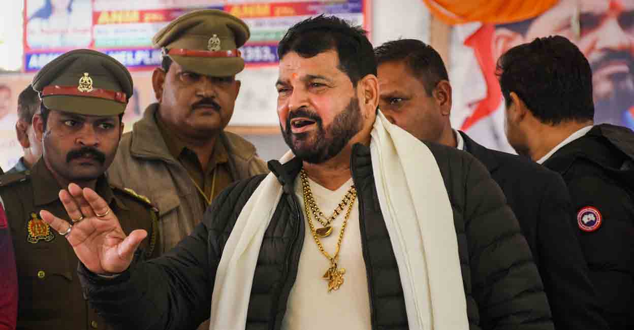 Wrestling Federation of India (WFI) President Brij Bhushan Sharan Singh speaks with the media regarding recent allegations of sexual harassment against him, in Gonda district, Friday, Jan 20, 2023. Photo: PTI