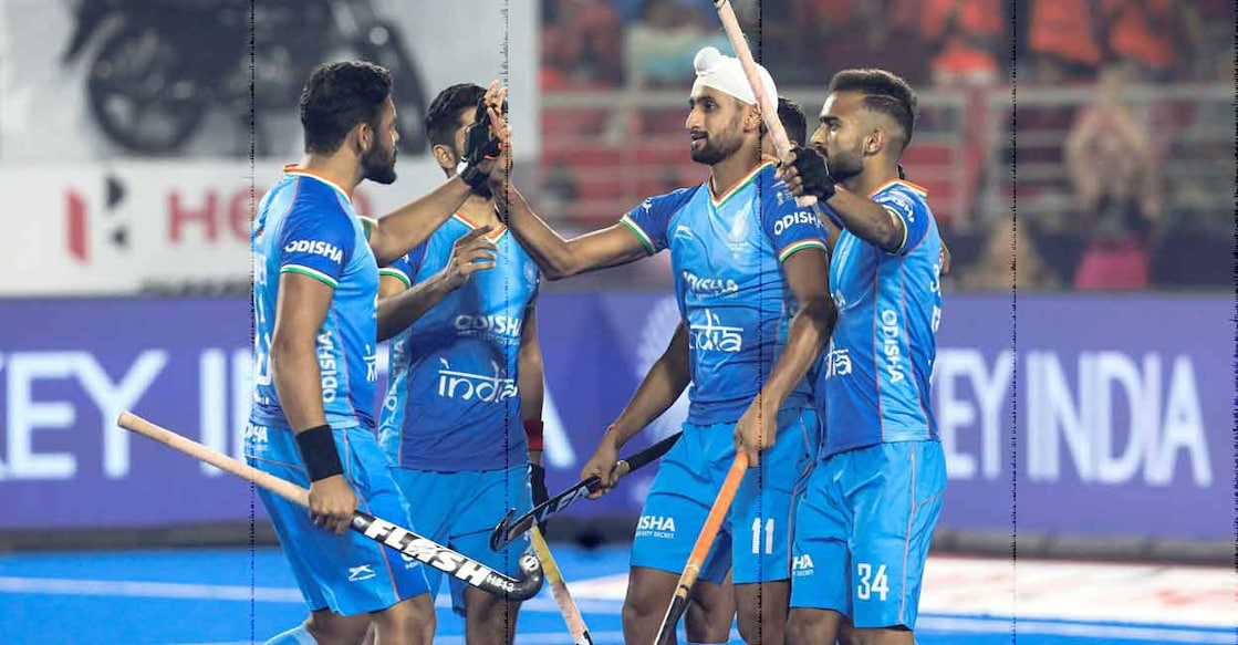 Indian players celebrate a goal against Japan in a classification match in the FIH men's hockey world cup. Photo: Twitter/ @TheHockeyIndia