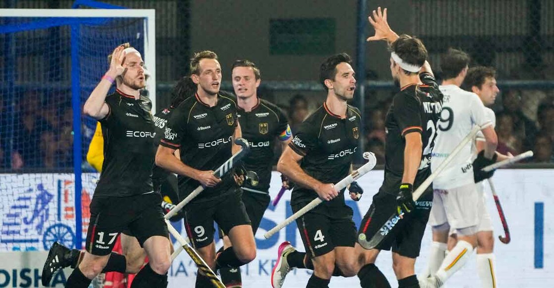 German players celebrate the first goal by Niklas Wellen (9) during the 2023 Men's FIH Hockey World Cup final against Belgium in Bhubaneswar on Sunday. Photo: PTI