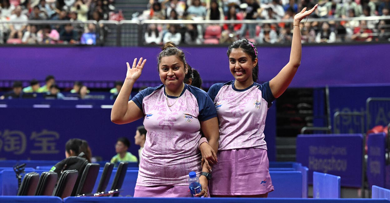 Sutirtha Mukherjee and Ayhika Mukherjee Sutirtha Mukherjee and Ayhika Mukherjee celebrate their upset win in the quarterfinals. File photo: AFP/Jung Yeon-je