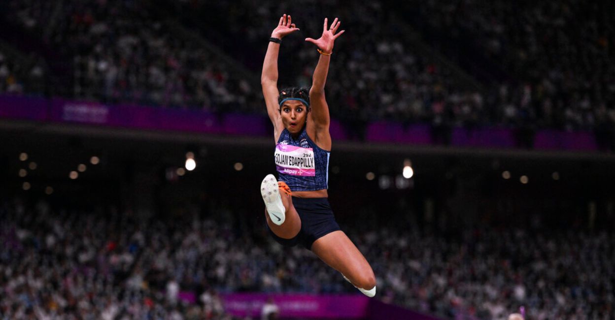 Ancy Sojan Edappilly competes in the women's long jump final athletics event during the 2022 Asian Games in Hangzhou in China's eastern Zhejiang province on October 2, 2023. Photo: William West/AFP
