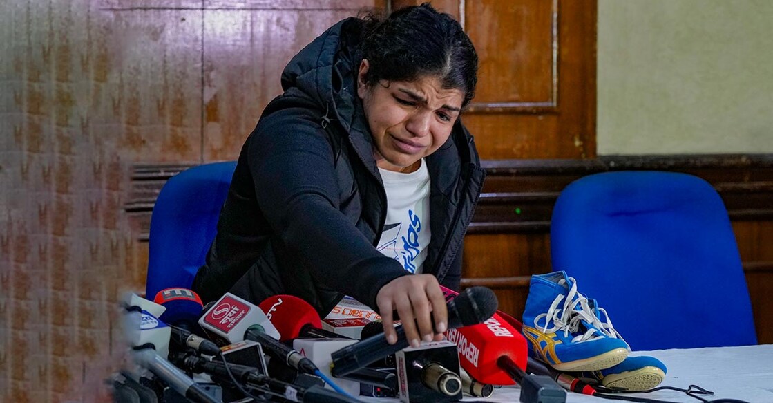 Sakshi Malik turns emotional during the press conference in New Delhi on Thursday. Photo: PTI/Vijay Verma