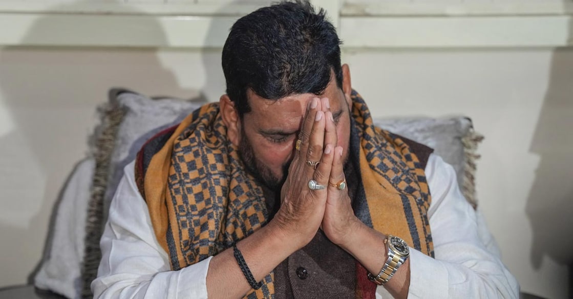 Brij Bhushan Sharan Singh addresses the media in New Delhi on Sunday. Photo: PTI/Arun Sharma