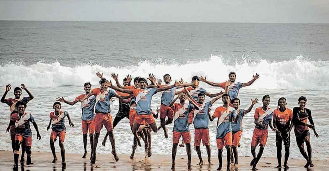SBFA Poovar script a success story SB Football Academy players on the Poovar beach.