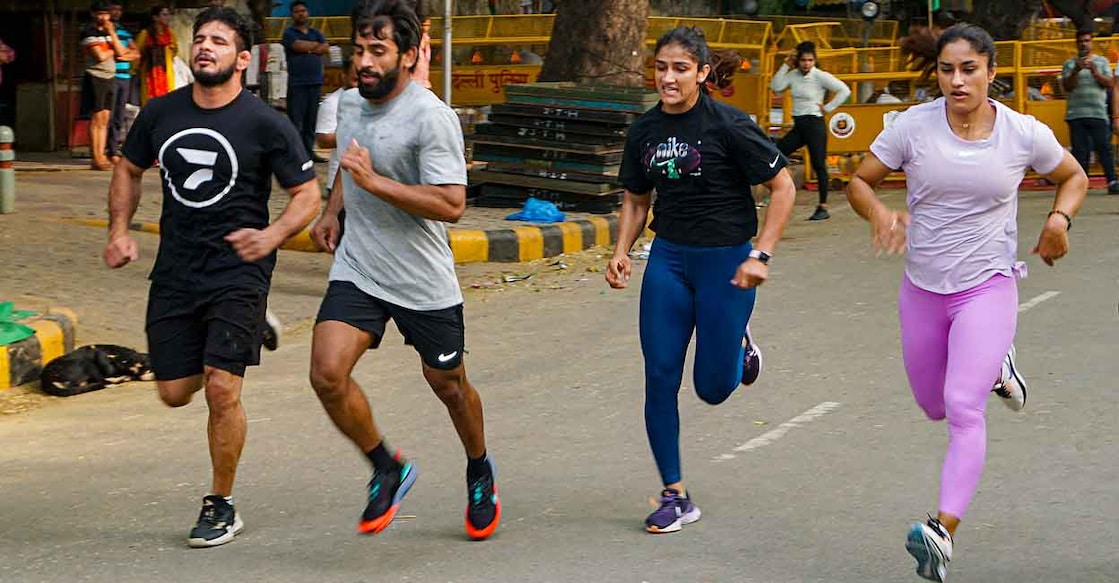 Protesting wrestlers turn Jantar Mantar into training centre Wrestlers during a training session near Jantar Mantar amid their protest. Photo: PTI