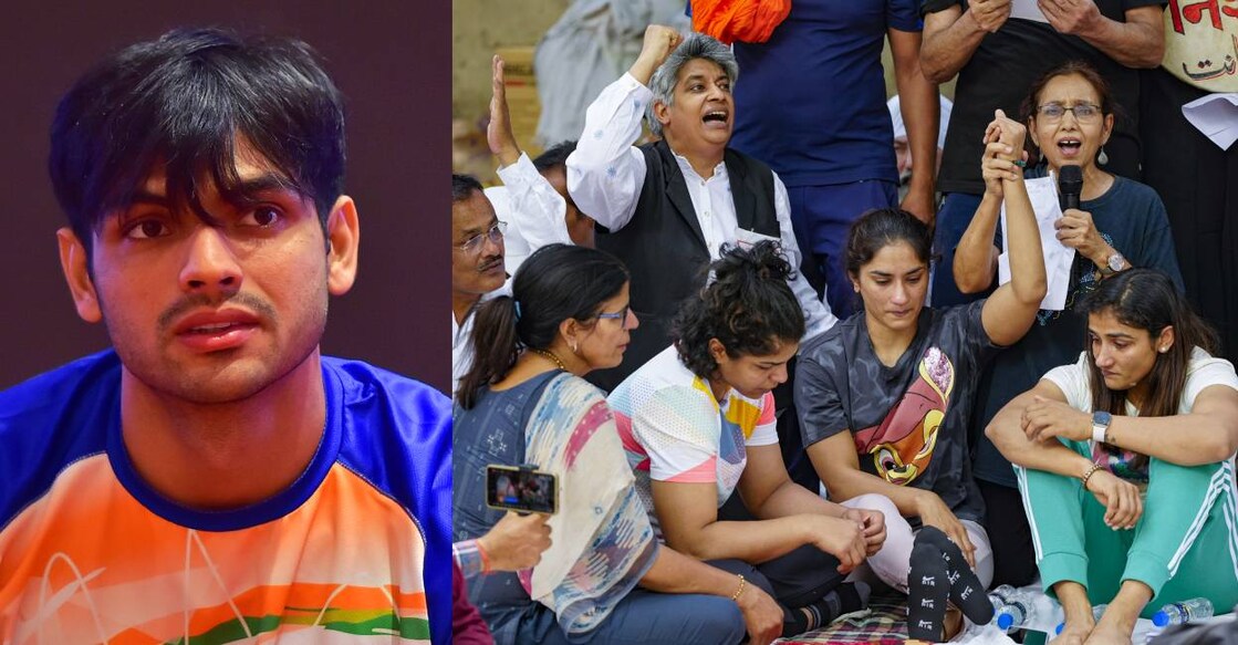 Neeraj Chopra (left), wrestlers protest at Jantar Mantar. Photo: PTI