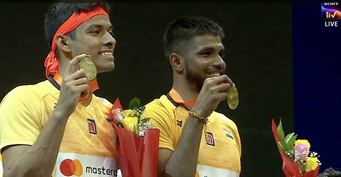 Chirag Shetty and Satwiksairaj Rankireddy celeberate on the podium. Screengrab