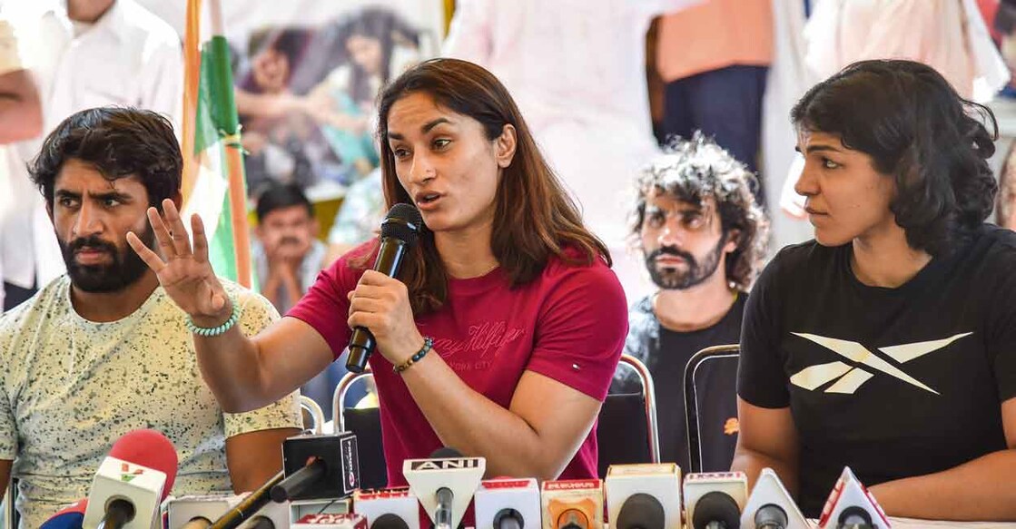 From left: Bajrang Punia, Vinesh Phogat and Sakshi Malik during a press meet in New Delhi on Saturday. Photo: PTI