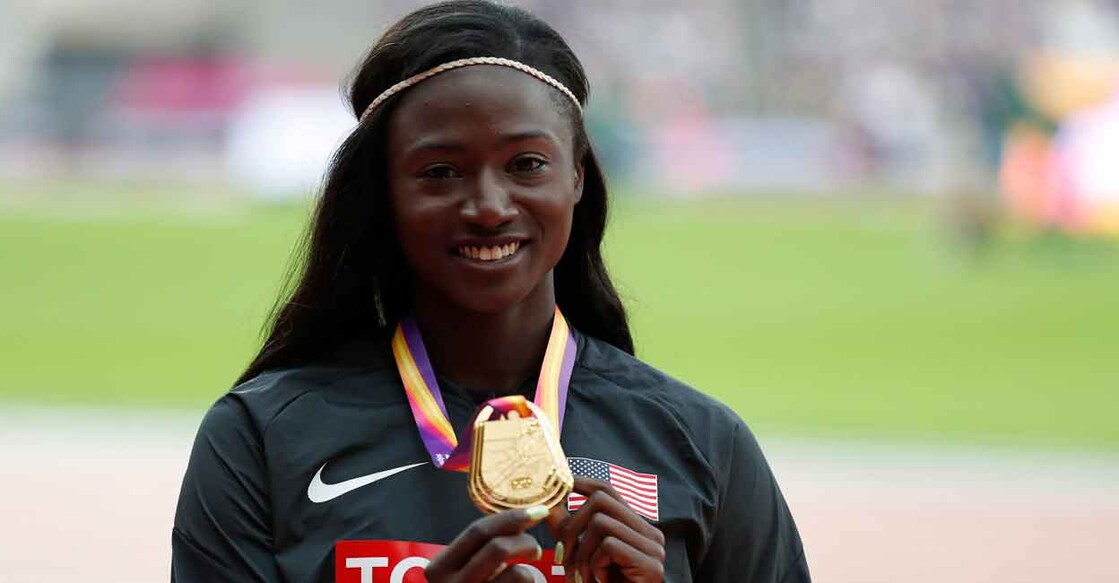 Tori Bowie poses with the gold medal after winning the women's 100m at the 2017 London Worlds. File photo: ReutersMatthew Childs