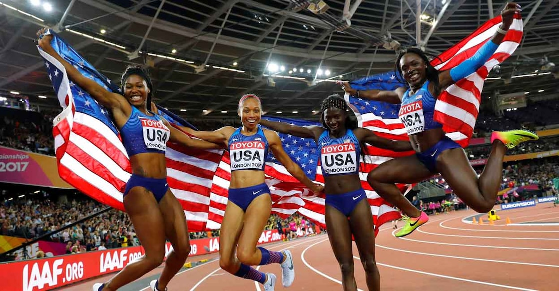 Aaliyah Brown, Allyson Felix, Morolake Akinosun and Torie Bowie From left: Aaliyah Brown, Allyson Felix, Morolake Akinosun and Torie Bowie celebrate after winning the 4x100m relay final at the 2017 World Championships. Fle photo: Reuters/Kai Pfaffenbach