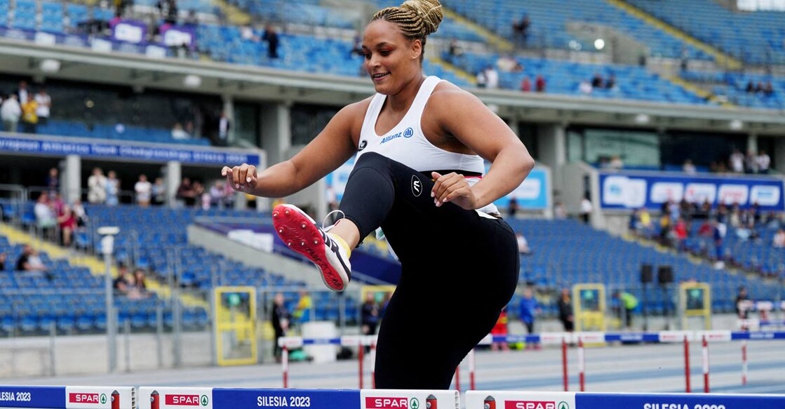 Jolien Maliga Boumkwo in action during the women's 100m hurdles race. File photo: Reuters/Aleksandra Szmigiel