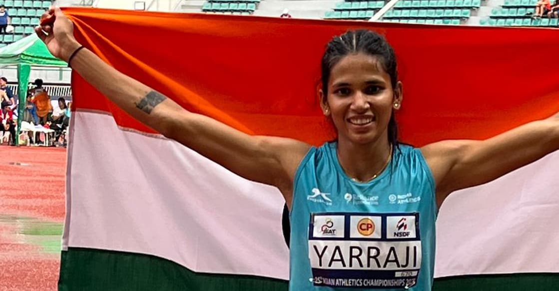 Jyothi Yarraji Jyothi Yarraji celebrates with the tricolour. Photo: Twitter@afiindia