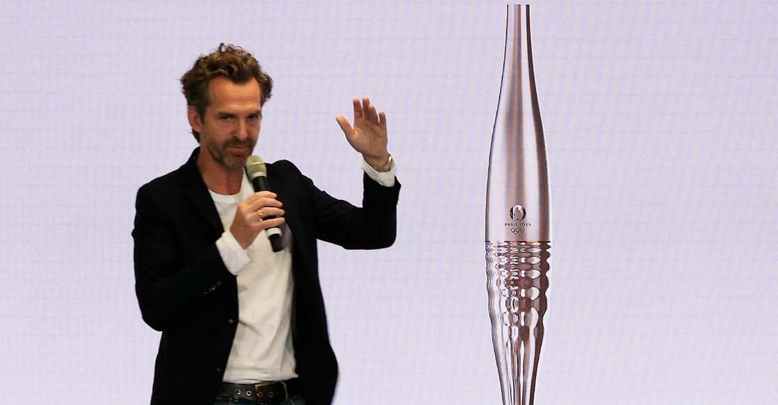 Designer Mathieu Lehanneur during the unveiling of the Paris 2024 Olympic torch. Photo: Reuters/Pascal Rossignol
