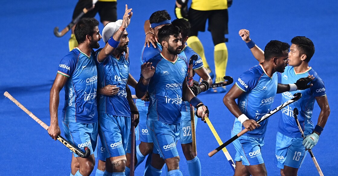 India's players celebrate after scoring a goal during the Asian Champions Trophy 2023 final against Malaysia at the Mayor Radhakrishnan Stadium in Chennai on Saturday. Photo: AFP/Satish Babu