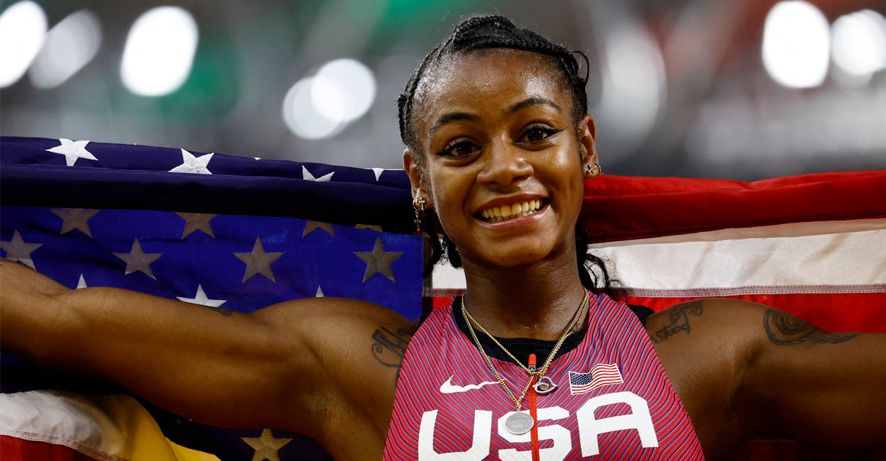 richardson-100m-main Sha'carri Richardson of the US celebrates after winning the women's 100m final at National Athletics Centre, Budapest, Hungary, on Monday. Photo: REUTERS/Sarah Meyssonnier