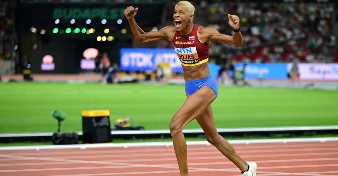 Venezuela's Yulimar Rojas celebrates after winning the triple jump gold. Photo: AFP/Ben Stansall 