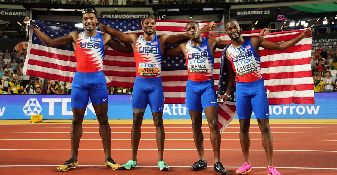 Noah Lyles, Christian Coleman, Fred Kerley and Brandon Carnes of the US celebrate after winning the Men's 4x100m Relay Final. Photo: REUTERS/Aleksandra Szmigiel