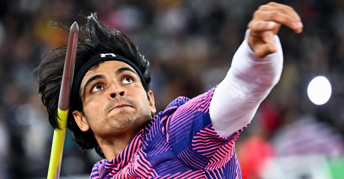 Neeraj Chopra competes in the javelin throw final. Photo: AFP/Fabrice Coffrini