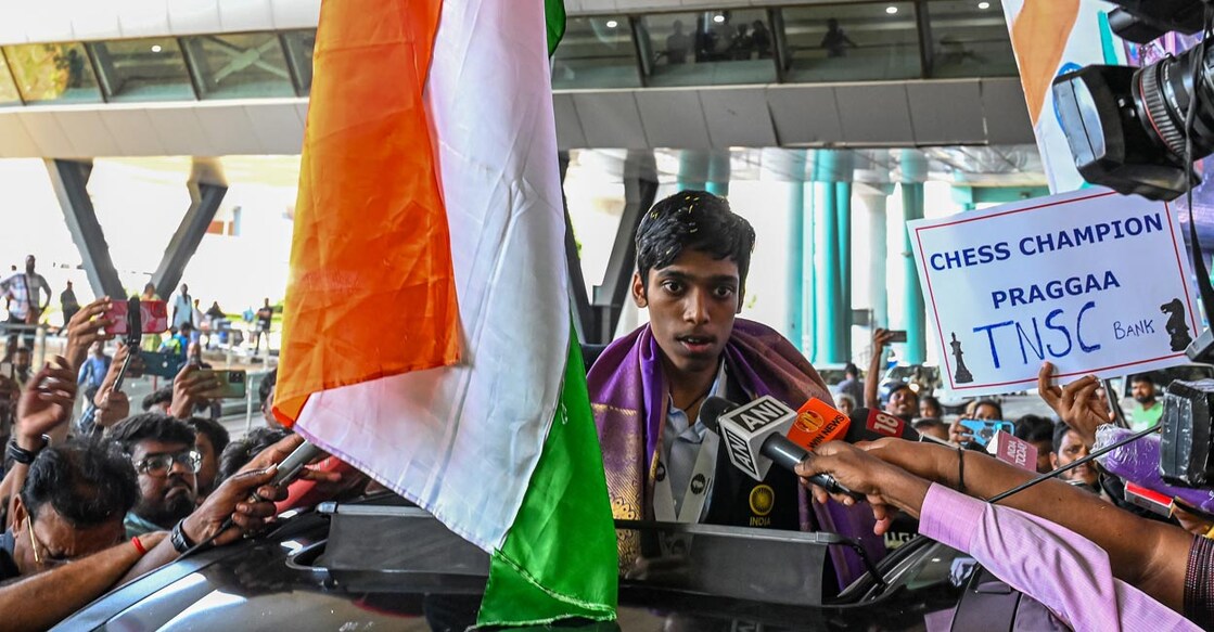 Praggnanandhaa on his arrival at the Chennai airport. Photo: AFP
