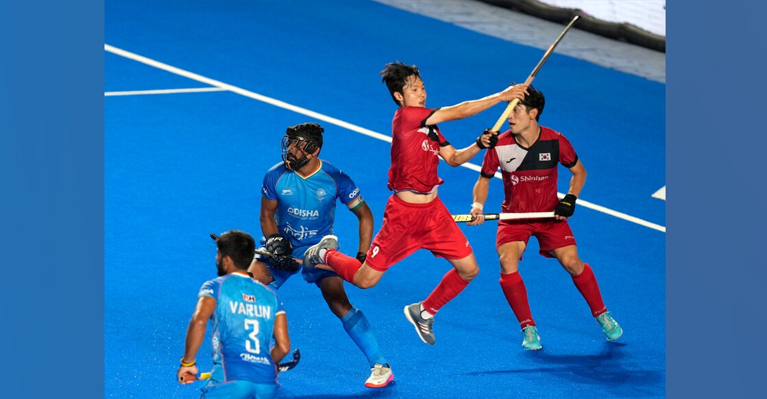 Players of India and Korea during their Asian Champions Trophy 2023 at Mayor Radhakrishnan Hockey Stadium in Chennai on Monday. Photo: PTI
