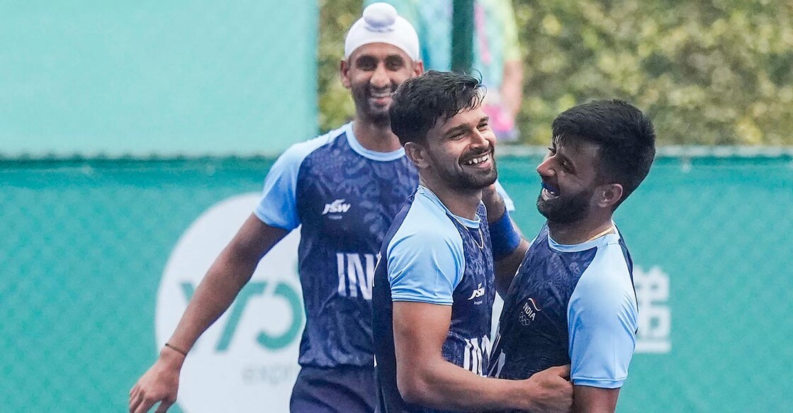Indian players celebrate a goal. Photo: PTI/Gurinder Osan