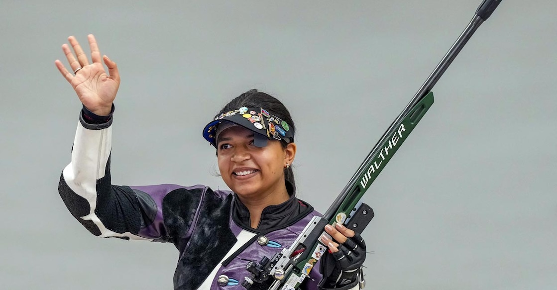 Sift Kaur Samra celebrates her triumph. Photo: PTI/Shailendra Bhojak