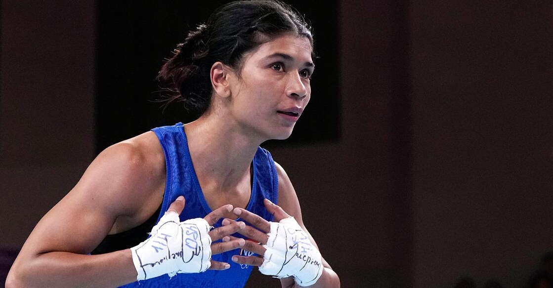 Nikhat Zareen reacts after defeating Jordan's Nassar Hanan. Photo: PTI/Gurinder Osan 