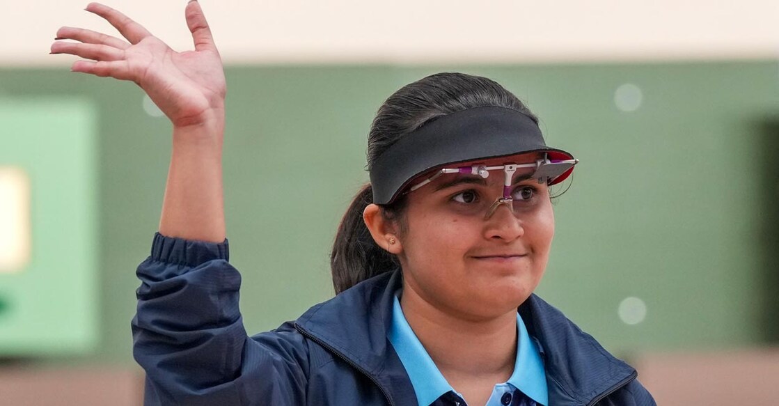 Indian shooter Palak reacts after winning the women's 10m air pistol event. Photo: PTI/Shailendra Bhojak