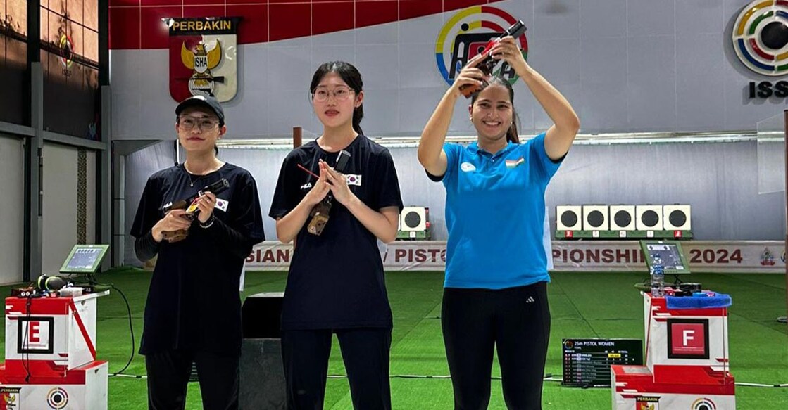 Rhythm Sangwan, right, won a bronze medal in the 25m sports pistol event at the Asian qualifiers. Photo: X@Media_SAI