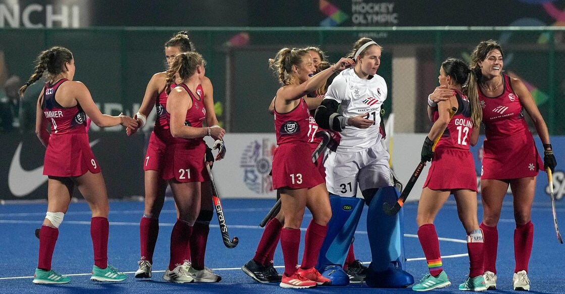 American women celebrate after beating India 1-0 in the Olympic qualifiers on Saturday. Photo: PTI/Swapan Mahapatra