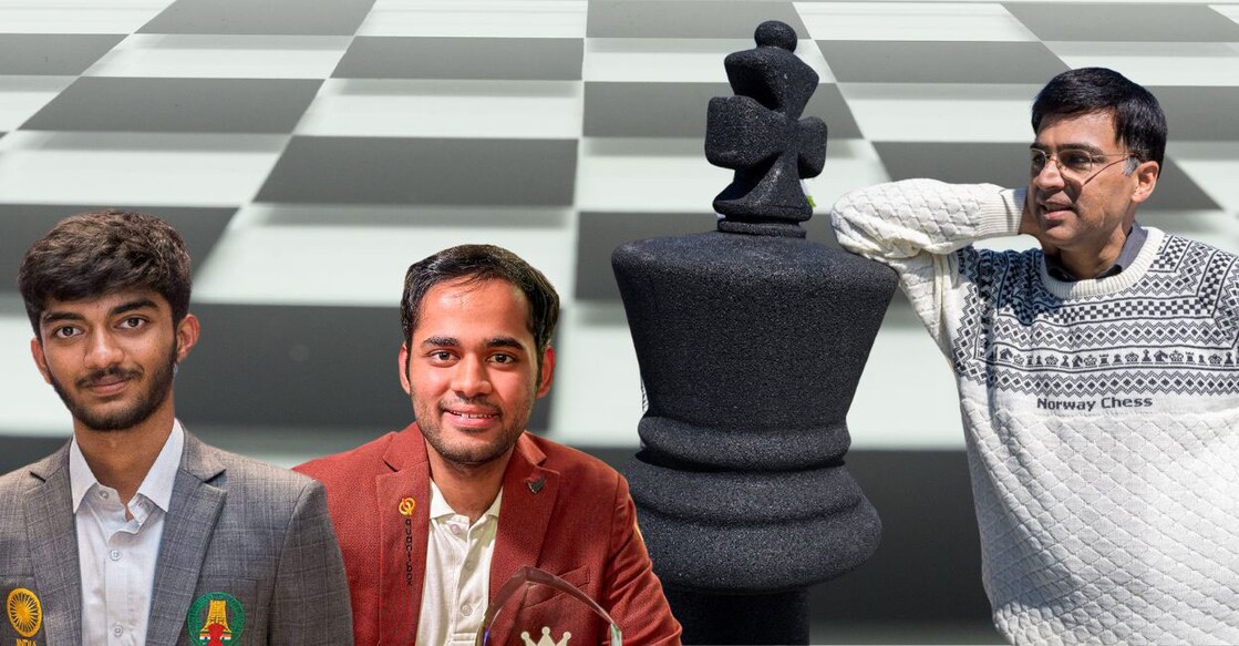 L-R: D Gukesh, Arjun Erigaisi and Viswanathan Anand. Photos: PTI/Special arrangement. Graphic made using Canva