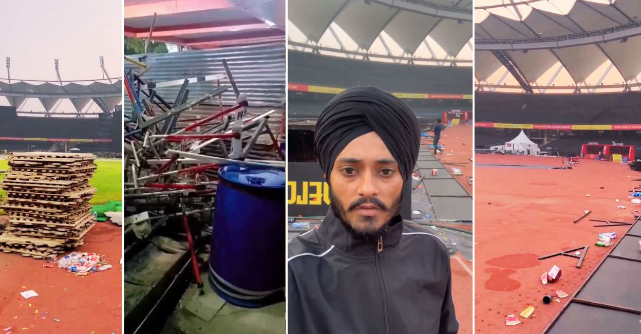 Screengrabs from Beant Singh's social media post showing the condition of Jawaharlal Nehru Stadium in Delhi after the Diljit Dosanjh show