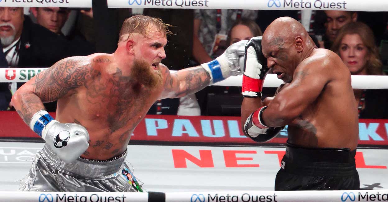 Mike Tyson, Jake Paul Mike Tyson fights Jake Paul (silver gloves) at AT&T Stadium. Photo: Kevin Jairaj-Imagn Images Via Reuters