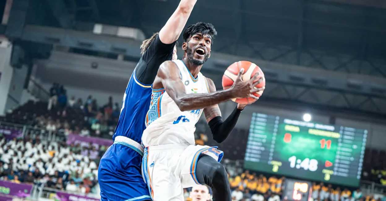 India's Malayali star Pranav Prince goes for a shot against Kazakhstan. Photo: FIBA
