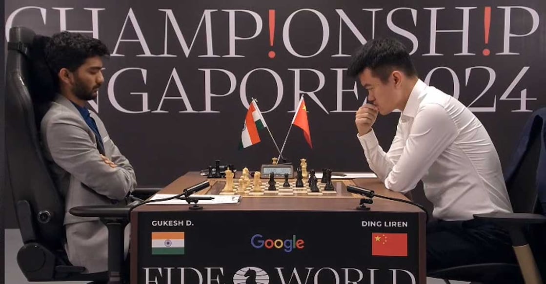 D Gukesh and Ding Liren during Game 5 of their World Chess Championship match in Singapore on Saturday. Photo: Screengrab/FIDE