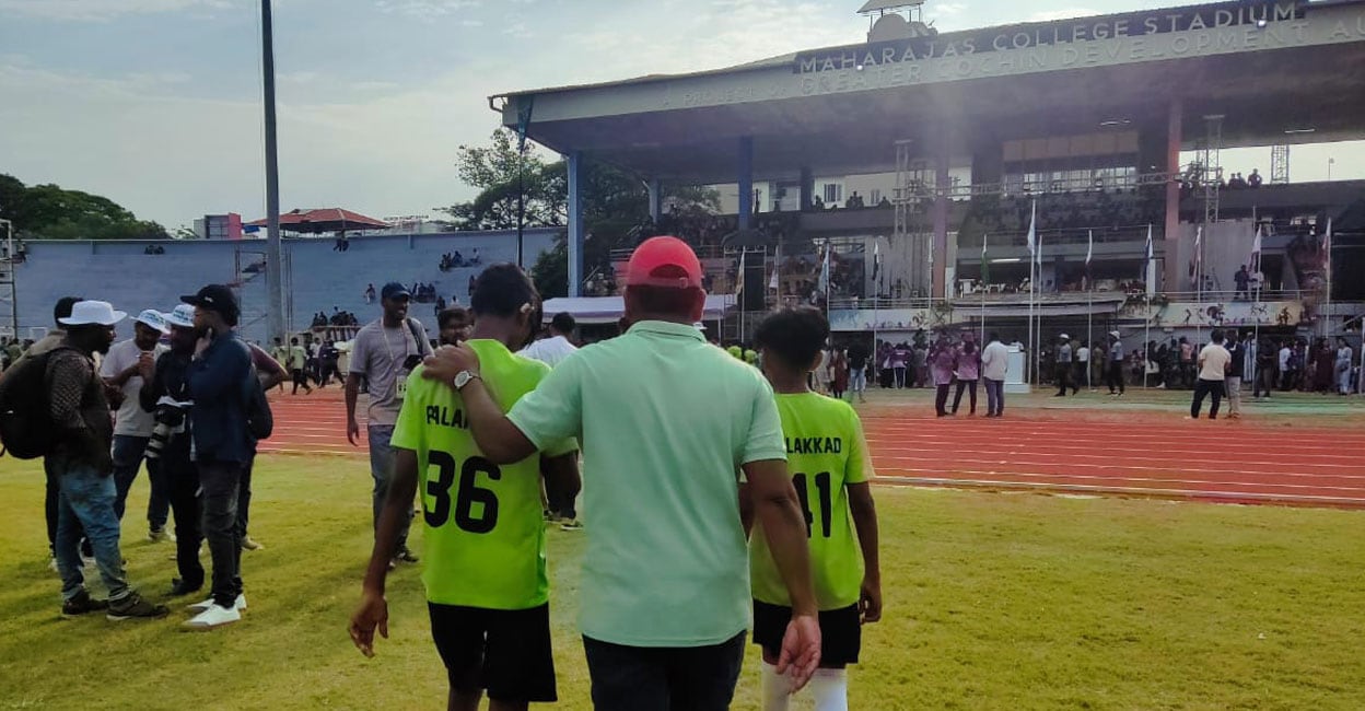 palakkad-football-inclusive-kareem Abdul Kareem, special instructor from Palakkad, consoles the members of their football team after a defeat at the Inclusive Sports event held as part of Kerala School Games at the Maharaja's College Ground in Kochi on November 5, 2024. Photo: Onmanorama