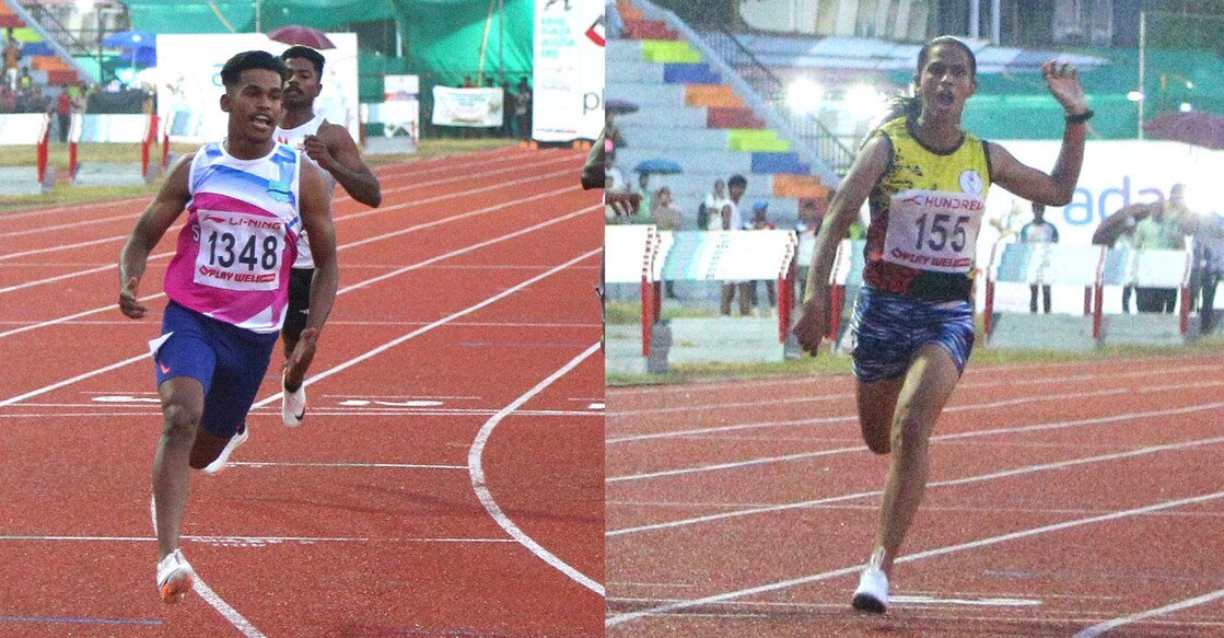 Answaf K Asharaf (left) and Rahna Raghu E P finish first in the senior boys and girls 100 m races respectively at the Maharaja's College athletics tracks in Ernakulam on Friday. Photos: Special arrangement