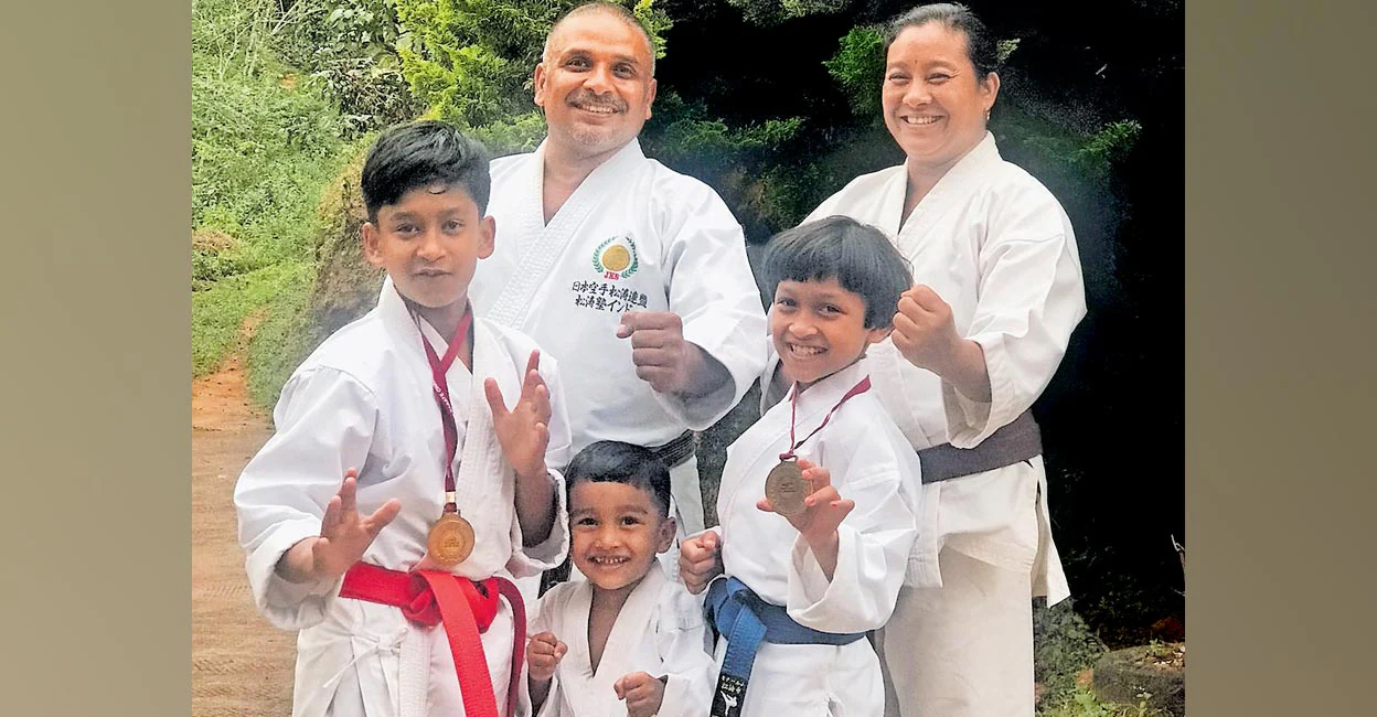 karate family Sudeep T Cyriac and his wife Monu with their children Yamato, Riu, and Hanako. Photo: Manorama