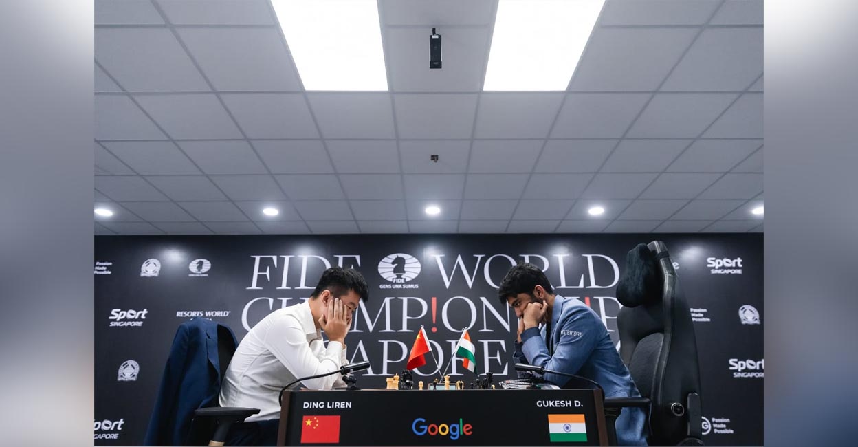 Ding Liren and D Gukesh compete in Game 6 of the World Chess Championship in Singapore on Sunday. Photo: X/@FIDE_chess