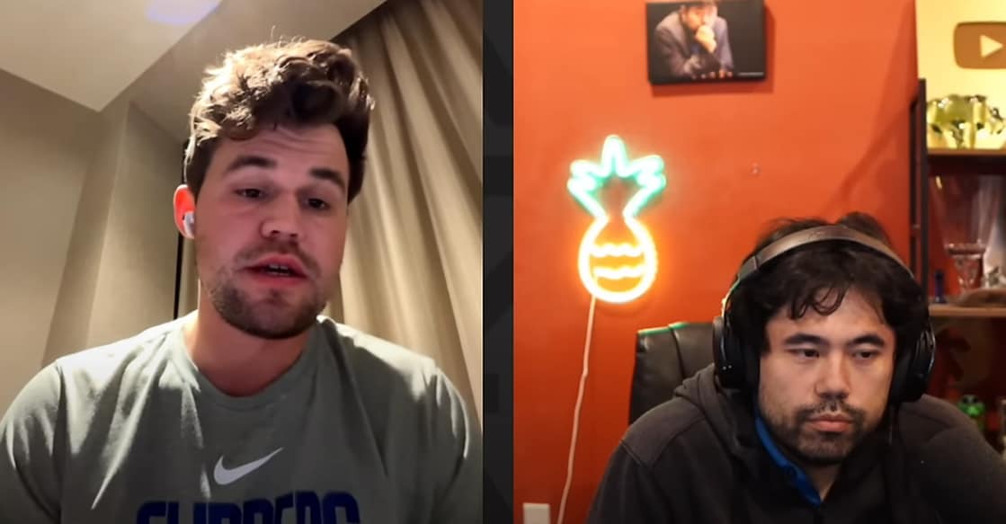 Magnus Carlsen and Hikaru Nakamura during the Game 12 analysis on 'take take take'.