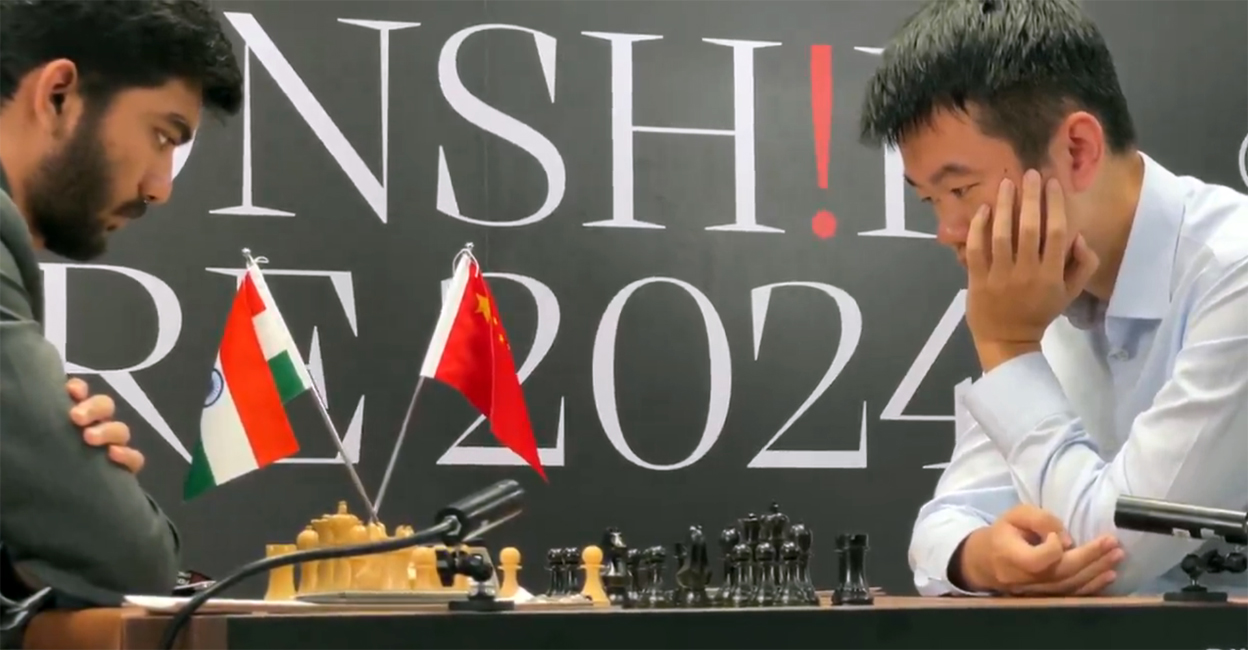 game13-gukesh-ding D Gukesh and Ding Liren during Game 13 of their World Chess Championship match in Singapore on Wednesday.