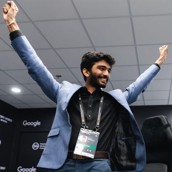 D Gukesh celebrates his success at the World Chess Championship in Singapore. Photo: X/@FIDE
