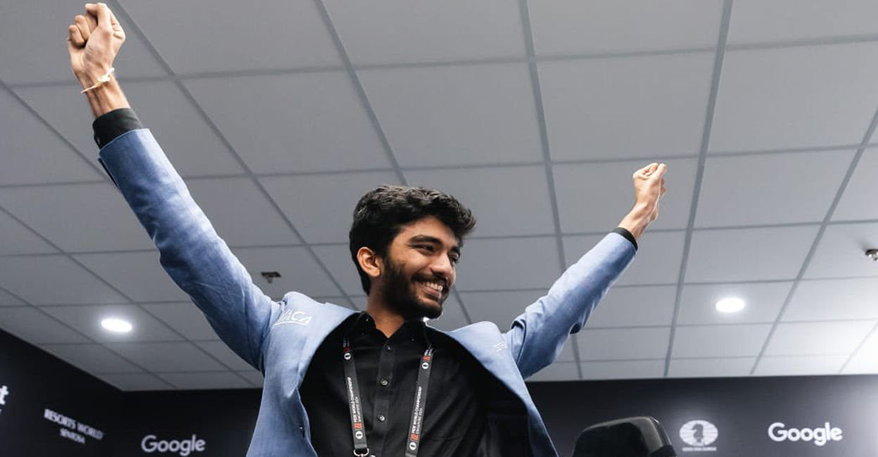 D Gukesh celebrates his success at the World Chess Championship in Singapore. Photo: X/@FIDE