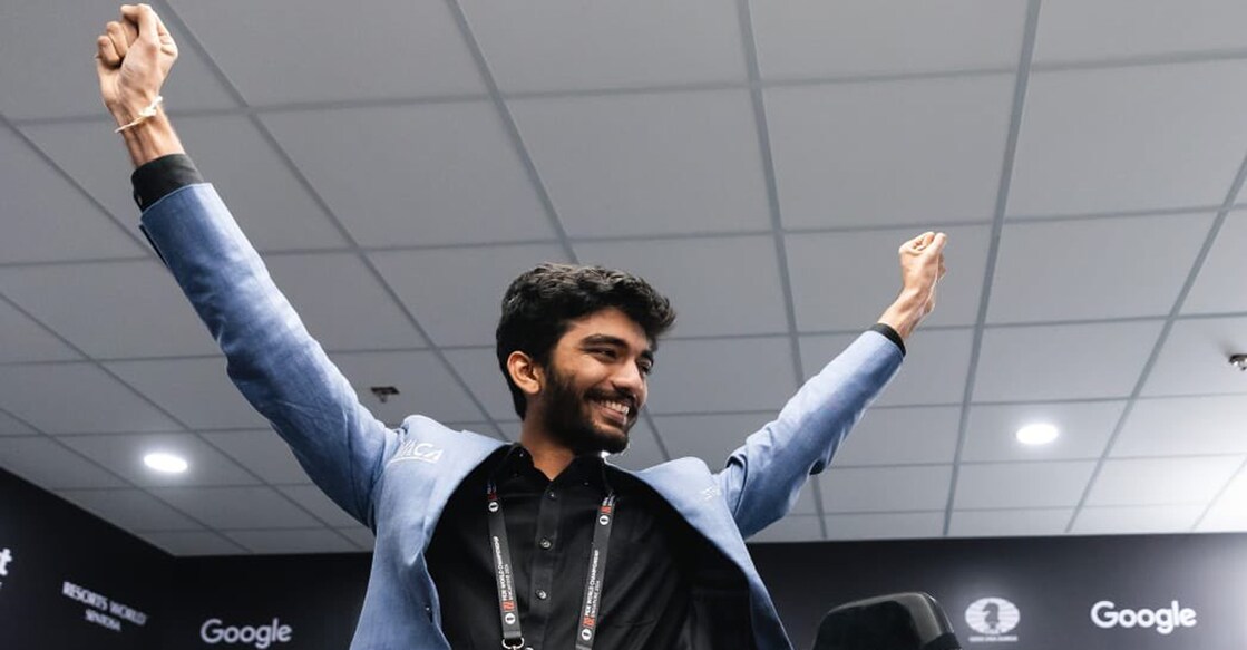 D Gukesh celebrates his success at the World Chess Championship in Singapore. Photo: X/@FIDE