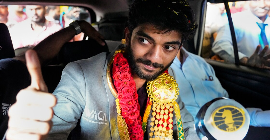 World Chess Champion D Gukesh upon his arrival at the airport in Chennai on Monday. Photo: PTI