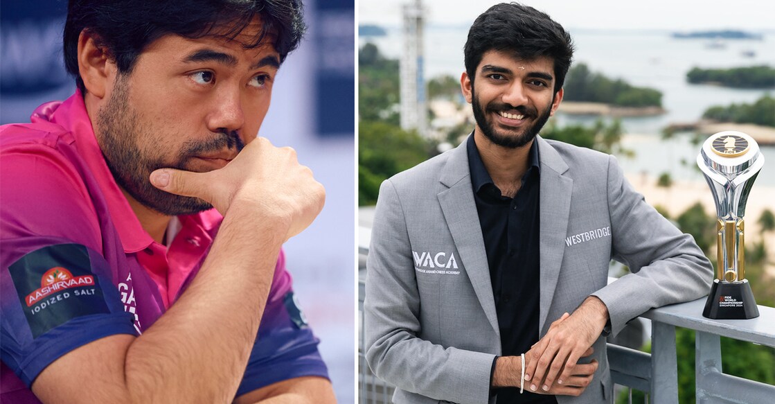 American GM Hikaru Nakamura (left) and World Chess Champion D Gukesh. Photos: AFP/X@FIDE
