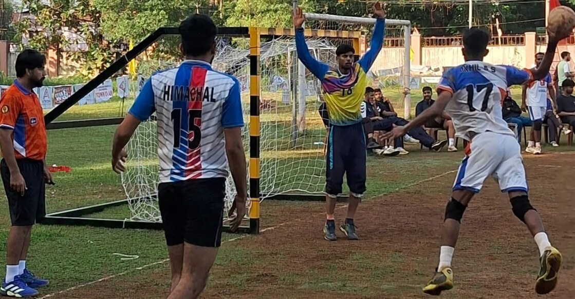 Kerala's Nikhil SS scores against Himachal Pradesh. Photo: Special arrangement